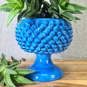 May include: A vibrant blue ceramic planter with a textured, cone-like design. The planter is filled with green aloe vera plants. The planter sits on a pedestal base. The overall design is eye-catching and decorative.