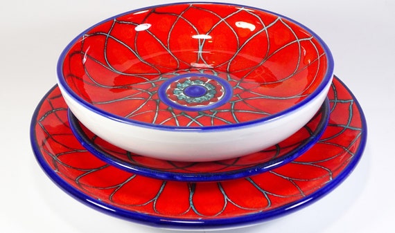 Dishes service 18 pieces in Sicilian Aeolian ceramic name Stromboli fire decoration, handmade, for the table, colored, hand painted