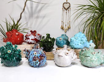 Sicilian ceramic puffer fish, handcrafted fish, decorative fish, fish with spines, original fish, one-of-a-kind piece, entirely handmade