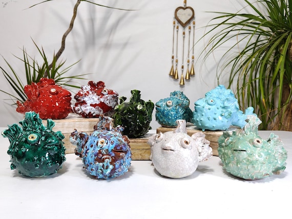 Sicilian ceramic puffer fish, handcrafted fish, decorative fish, fish bones, original fish, unique piece entirely handmade