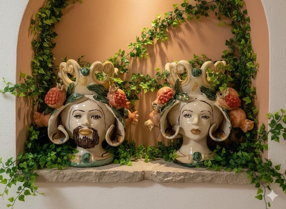 Sicilian handcrafted h20 Moor's heads, vases, Caltagirone ceramics, Design, home decoration, Sicilian craftsmanship, faces, vases.