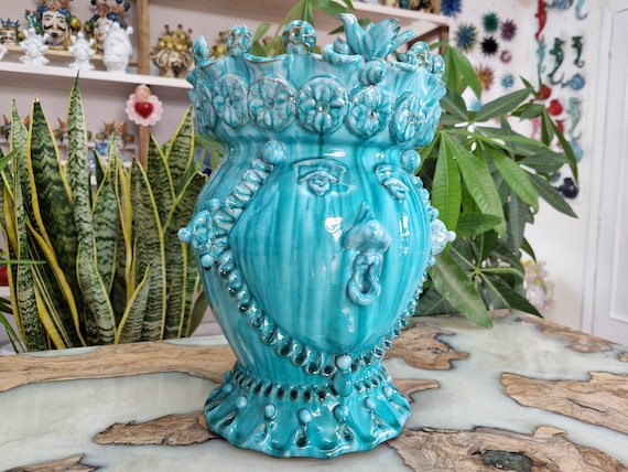 handcrafted Sicilian ceramic Moorish heads, vases, Design, Moorish heads, ceramic heads, vases, plant holder, aquamarine head