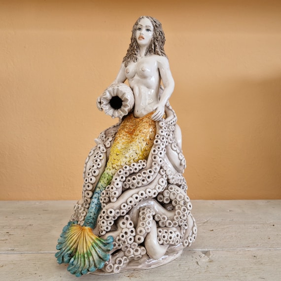Siren in original Caltagirone ceramic, Sicilian ceramics, resin, sculpture, octopus, tentacles, home decoration