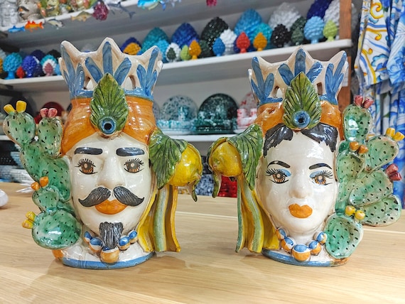 Sicilian handcrafted Moor's heads H22cm, vases, Caltagirone ceramics, home decoration, Sicilian craftsmanship, faces, vases
