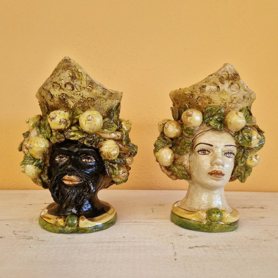 handcrafted Sicilian dark brown heads h20, vases, Caltagirone ceramics, Design, home decoration, Sicilian craftsmanship, faces, vases.