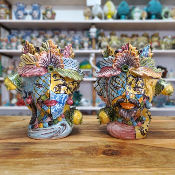 Sicilian Moorish heads, vases, Caltagirone ceramics, Sicilian craftsmanship, face, face, vases