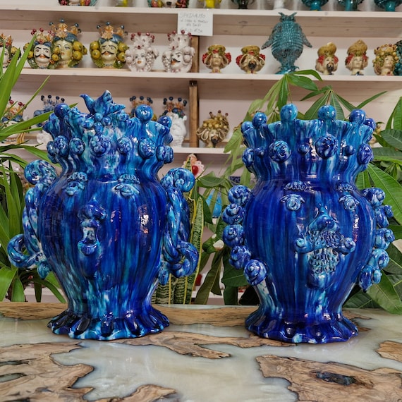 handcrafted Sicilian ceramic dark brown heads, vases, Design, dark brown heads, ceramic heads, vases, plant holders, multicolored heads