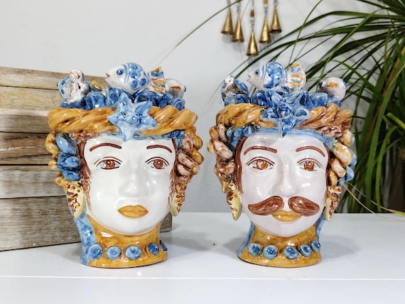 Sicilian handcrafted Moorish heads H18 cm, vases, Caltagirone ceramics, home decoration, Sicilian craftsmanship, faces, vases