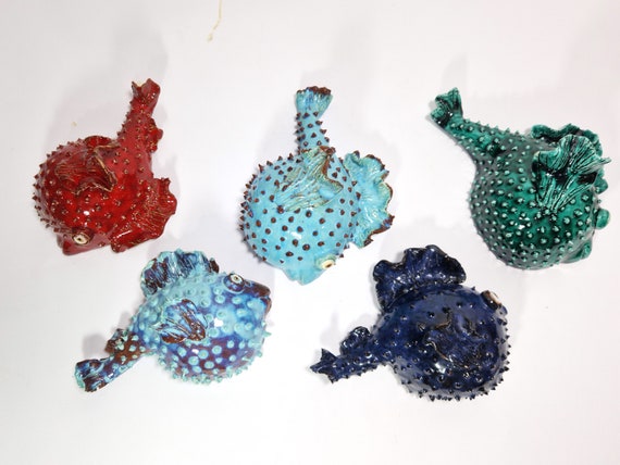 medium Sicilian ceramic wall puffer fish, handcrafted fish, decorative fish, fish bones, original fish, unique piece