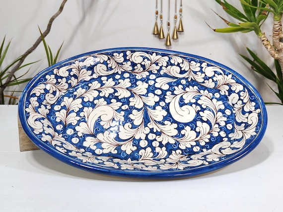 50 cm large oval plate in Sicilian artisan ceramic from S. Stefano di Camastra, antique plate, cup, tray
