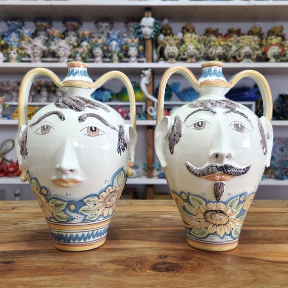 Anthropomorphic flasks, flasks, Moor's heads, anthropomorphic, sculptures, furniture, Sicilian craftsmanship, Sicilian ceramics