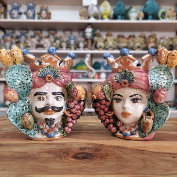 Sicilian handcrafted Moorish heads, vases, Caltagirone ceramics, Design, home decoration, Sicilian craftsmanship, faces, vases, caspò