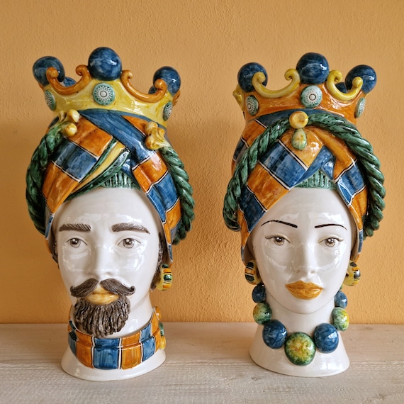 handcrafted Sicilian dark brown heads, vases, Caltagirone ceramics, Design, home decoration, Sicilian craftsmanship, faces, faces, vases