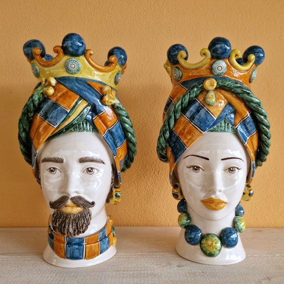 handcrafted Sicilian dark brown heads, vases, Caltagirone ceramics, Design, home decoration, Sicilian craftsmanship, faces, faces, vases