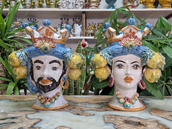 handcrafted Sicilian dark brown heads H33, vases, Caltagirone ceramics, Design, home decoration, Sicilian craftsmanship, faces, faces, vases