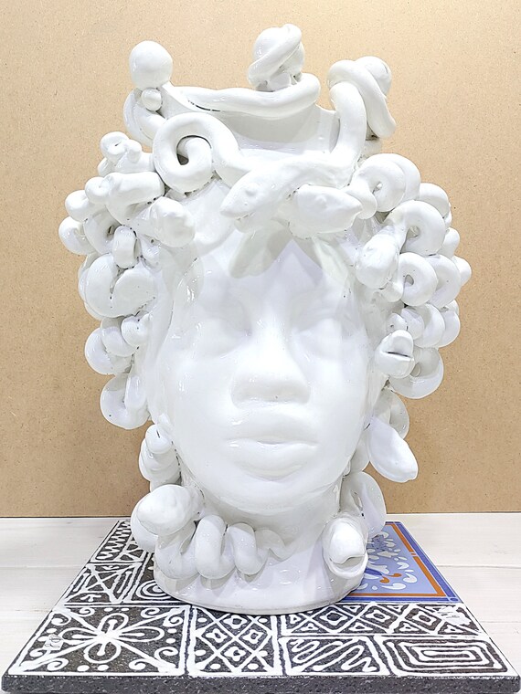 Handcrafted jellyfish head, gorgon head, dark brown heads, Sicilian ceramic, Design, white head, home decoration, handmade, unique pieces
