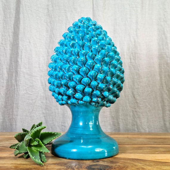 Pine cone H40 green in Sicilian handcrafted ceramic, unique pieces, interior and exterior home decor, design, handmade, lucky charm