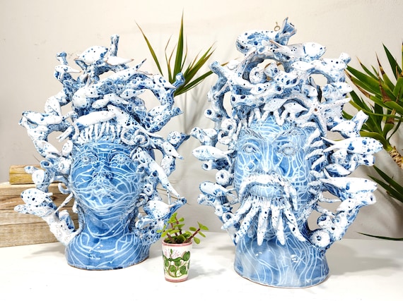 Sicilian ceramic Moorish heads, handcrafted vases, design, Moorish heads, ceramic heads, vases, plant holders, multi-colored heads