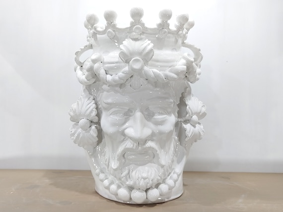 handmade Sicilian dark brown, vases, Caltagirone ceramics, Sicilian crafts, face, face, vases