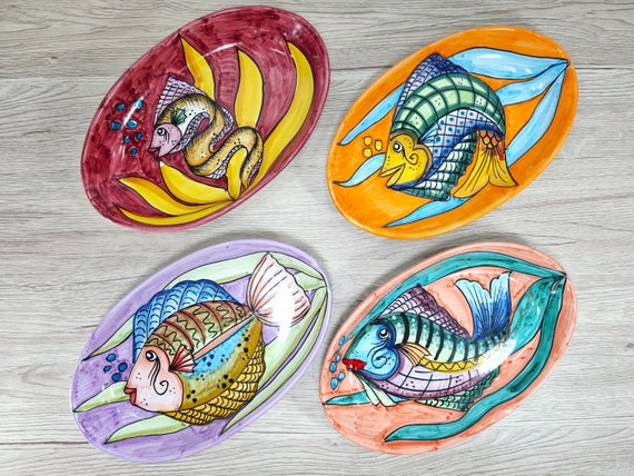 Oval plate 26 cm bottom, fish, tray, serving plate, plate with fish, marine plate, Sicilian plate, Sicilian ceramic, plate.