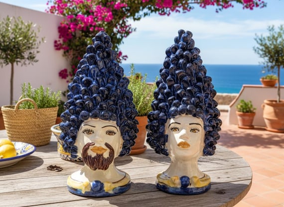 Anthropomorphic heads, pine cones, Caltagirone ceramics, Sicilian ceramics, design, home decoration, unique pieces, craftsmanship, Moorish heads