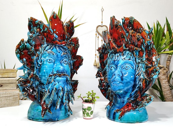Sicilian ceramic Moorish heads, handcrafted vases, design, Moorish heads, ceramic heads, vases, plant holders, multi-colored heads
