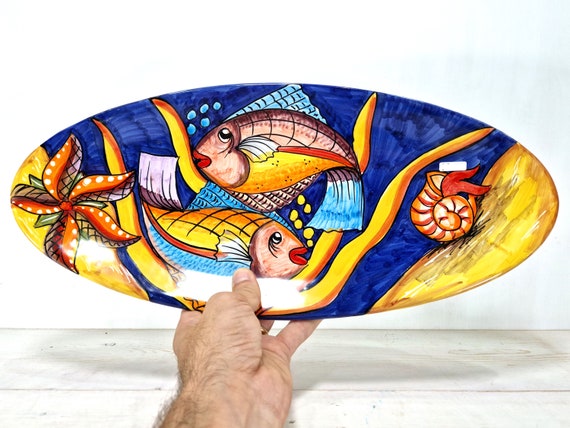 Oval plate 43 cm, fish, tray, serving plate, plate with fish, marine plate, Sicilian plate, Sicilian ceramic, plate.