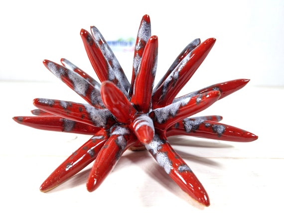 Sea urchin 15 cm handmade Sicilian ceramic multy red, thorny hedgehog, ring holder, table decoration, home design, hedgehog