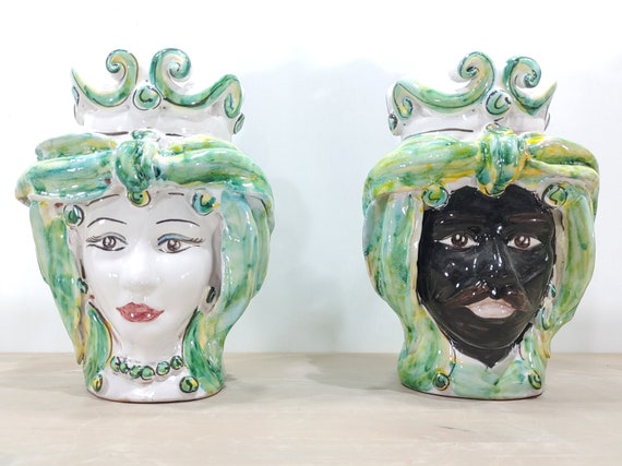 dark brown heads, vases, Caltagirone ceramics, Sicilian ceramics, Design, home decoration, handmade, unique pieces, craftsmanship.