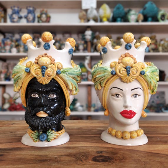 Sicilian handcrafted Moorish heads H 35, vases, Caltagirone ceramics, Design, home decoration, Sicilian craftsmanship, faces, vases