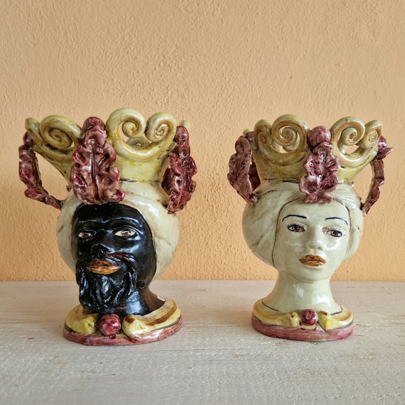 handcrafted Sicilian dark brown heads h20, vases, Caltagirone ceramics, Design, home decoration, Sicilian craftsmanship, faces, vases.