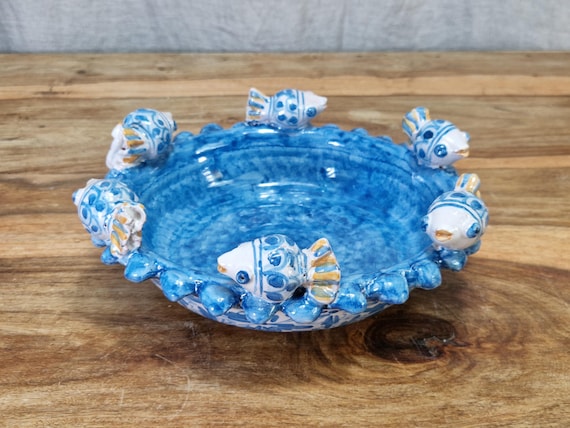Caltagirone handcrafted ceramic centerpiece with fish, centerpiece, handcrafted ceramic, artistic ceramic, pocket emptier