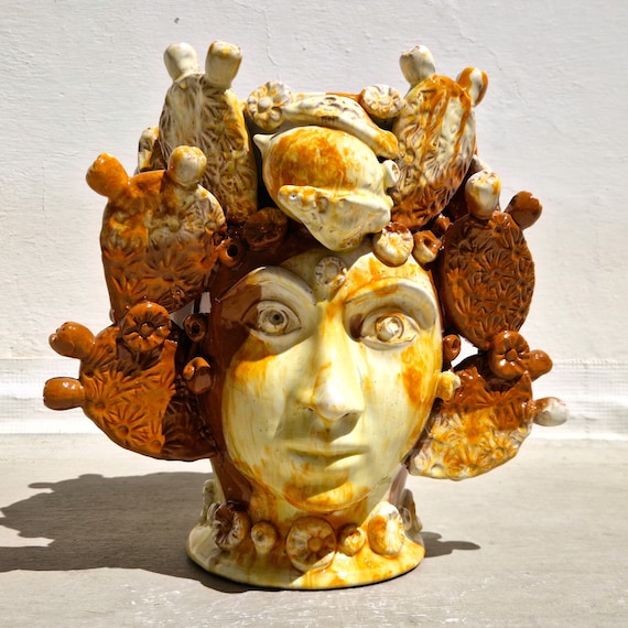 artistic dark brown heads in Sicilian ceramic, vases, Design, dark brown heads, ceramic heads, vases, plant holder, modern head