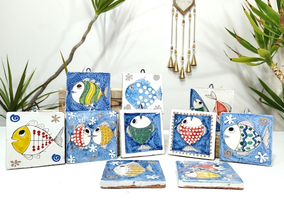 Sicilian Aeolian tiles with marine subjects, fish tiles, ceramic coasters, trivets, ceramic tiles, shards, bricks