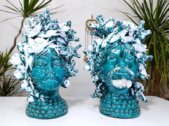 Sicilian ceramic Moorish heads, handcrafted vases, design, Moorish heads, ceramic heads, vases, plant holders, multi-colored heads