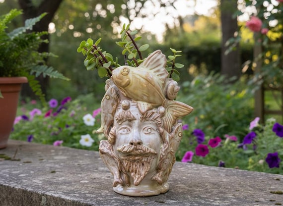 Colapesce head, vases, Sicilian artisan ceramics, design, home decoration, artistic vase, Moor's head, Sicilian craftsmanship