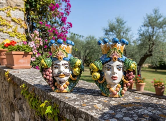 Moor's heads h26, vases, Caltagirone ceramics, Sicilian ceramics, Design, home decoration, handmade, unique pieces, craftsmanship.