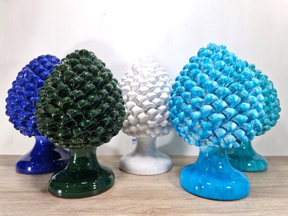 H30 pine cones in Sicilian artisan ceramic, unique pieces, indoor and outdoor home furnishings, design, handmade, lucky charm.