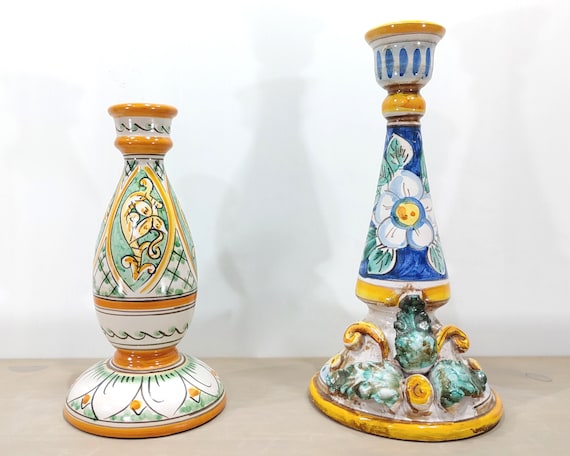 Caltagirone handcrafted Sicilian ceramic candelabra candle holder, Candelabro, Candle holder, Lumiera, ceramic oil lamp