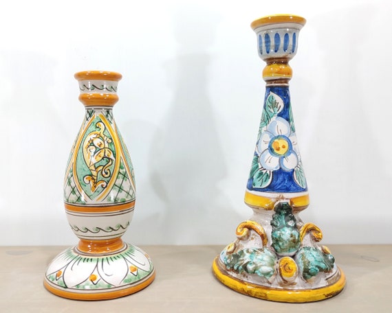 Caltagirone handcrafted Sicilian ceramic candelabra candle holder, Candelabro, Candle holder, Lumiera, ceramic oil lamp