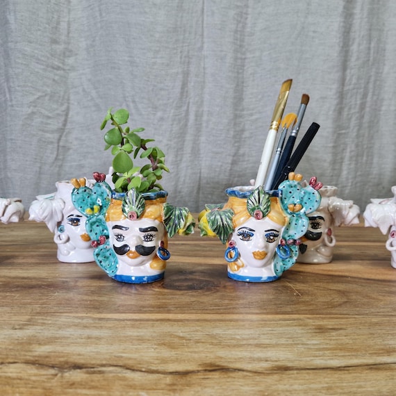 Moor's heads h12, Caltagirone ceramics, Sicilian ceramics, Design, decoration, handmade, pen holder, toothbrush holder, vase