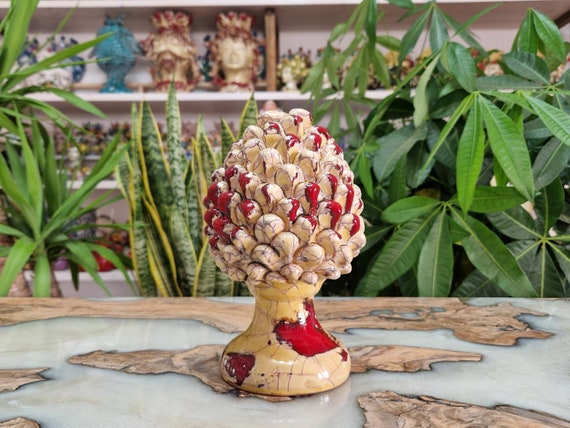 H20 pine cone in Sicilian handcrafted ceramic, unique pieces, interior and exterior home decor, design, handmade, lucky charm