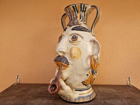 anthropomorphic head man with pipe, modern sculpture, unique piece, design, contemporary art, vase, dark brown, handmade, handmade