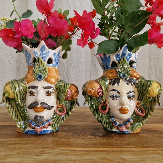 Sicilian handcrafted Moor's heads H22cm, vases, Caltagirone ceramics, home decoration, Sicilian craftsmanship, faces, vases