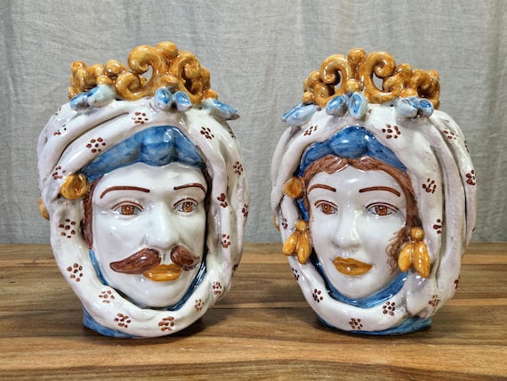 Sicilian handcrafted Moorish heads H20 cm, vases, Caltagirone ceramics, home decoration, Sicilian craftsmanship, faces, vases