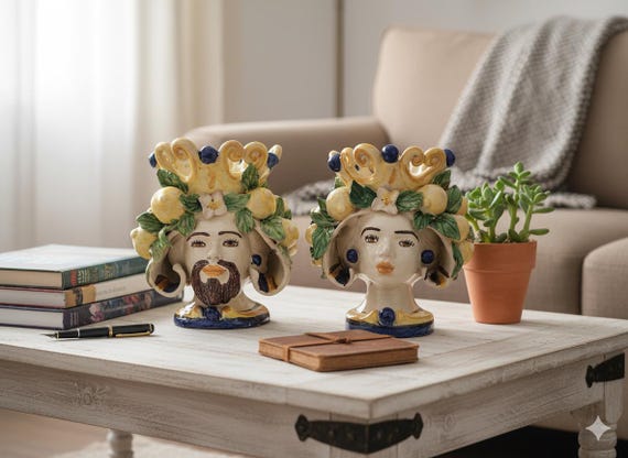 Sicilian handcrafted h20 Moor's heads, vases, Caltagirone ceramics, Design, home decoration, Sicilian craftsmanship, faces, vases.