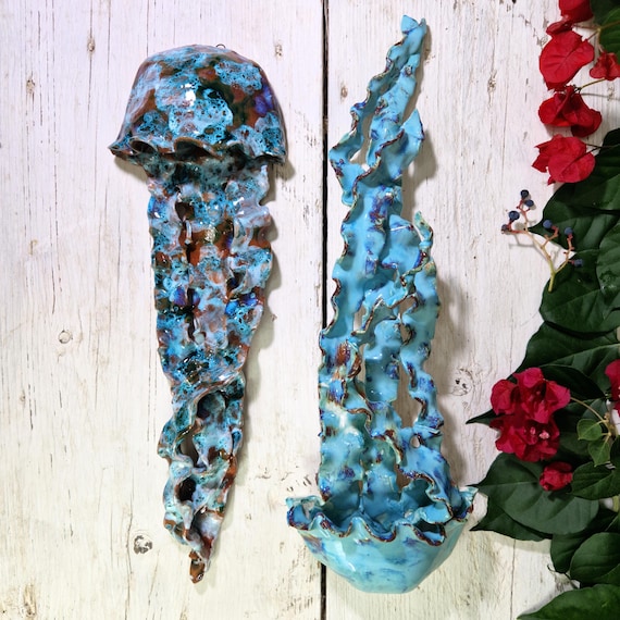 Large Sicilian handmade ceramic jellyfish, unique pieces, Sicilian ceramic, ceramic jellyfish, Caltagirone ceramic, design, handmade