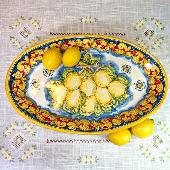 50 cm large oval plate in Sicilian artisan ceramic S. Stefano di Camastra, antique plate, cup, tray