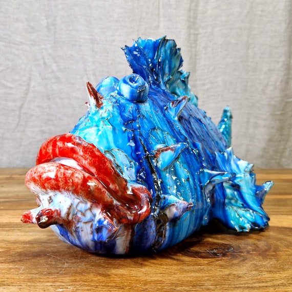Stylized Scorfano fish in Sicilian ceramic entirely hand-modeled, handmade, Sicilian craftsmanship