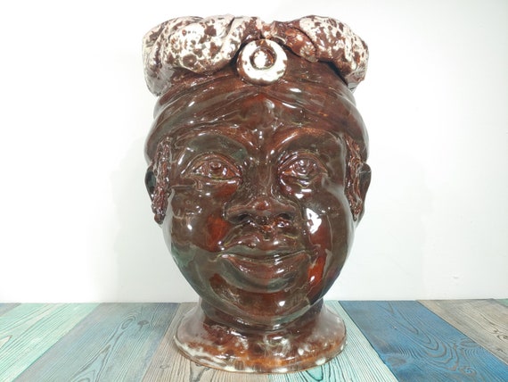 handmade Sicilian ceramic dark brown, vases, Design, African head, ceramic heads, vases, plant holder, modern heads
